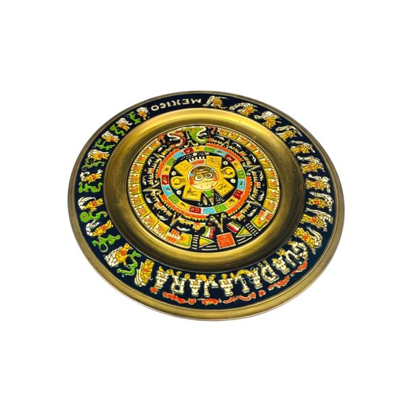 Vintage Guadalajara Mexico Decorative Brass Aztec Calendar Plate 11" - Picture 9 of 12